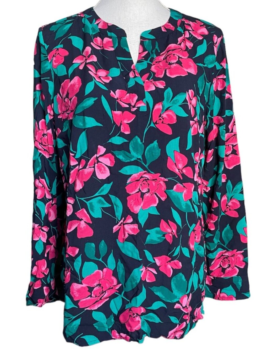 Floral Rayon Blouse NEW PM Petite M Flowers Notched Neck Long Sleeve Shirt Pink
